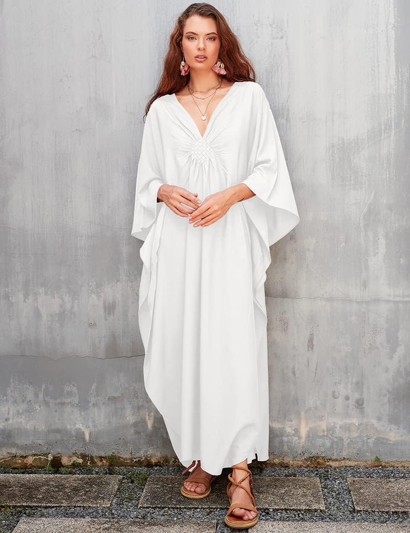 Bsubseach Women Solid Color Cover Up V Neck Batwing Sleeve Plus Size Beach Kaftan Dresses - Image 3